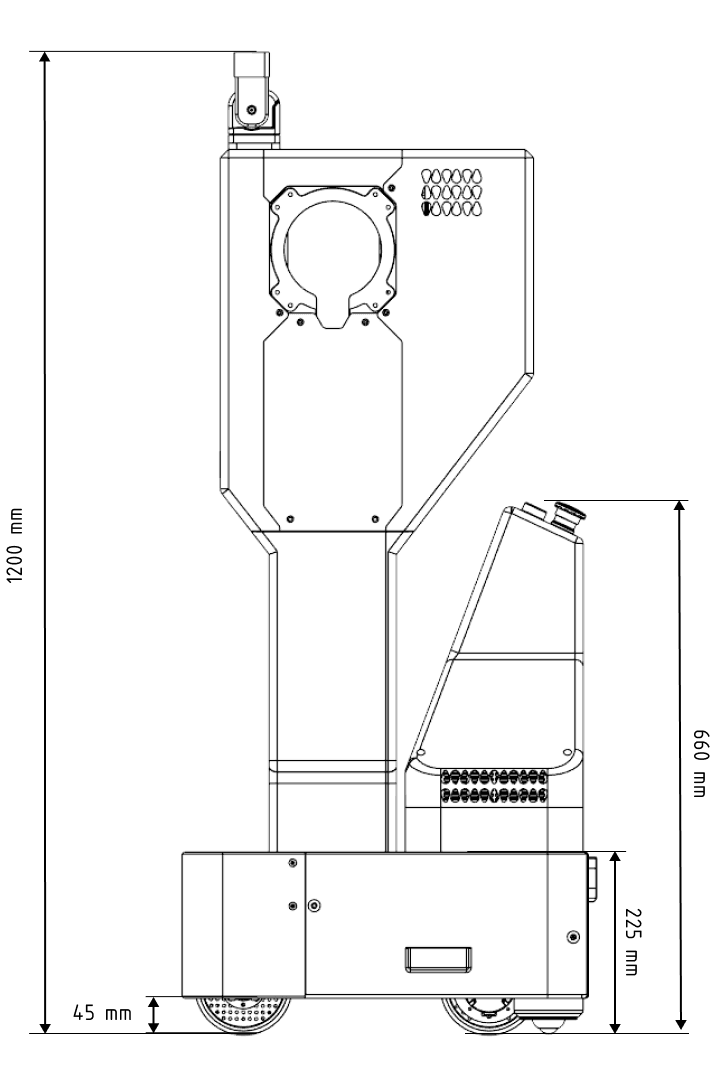 Feather at minimum height — side view, 1200 mm, with dimensions