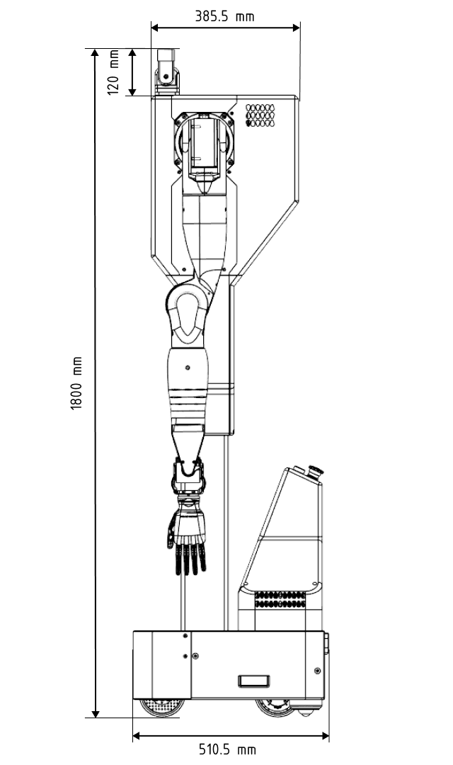 Feather at full height — side view, 1800 mm, with dimensions